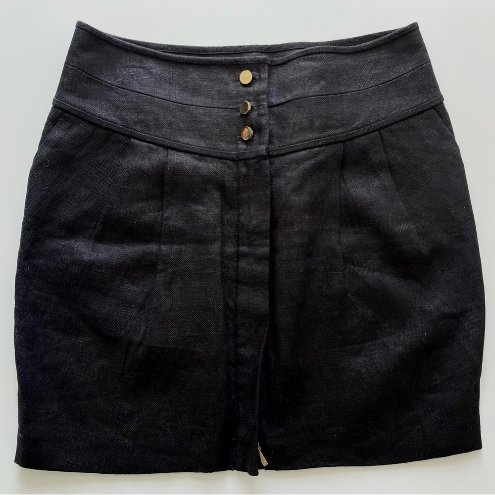 NEW Tory Burch 6 Black Linen High Waist Mini Skirt Gold Buttons Pockets Pleated